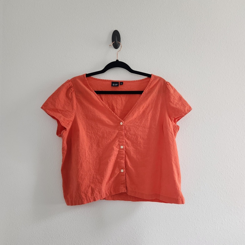 Womens size XL Linen Coral‎ Orange V-Neck Button Front Short Sleeve Top